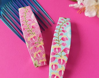 Pink or Blue Floral Barrette: Cotton Hair Clip for Long Hair