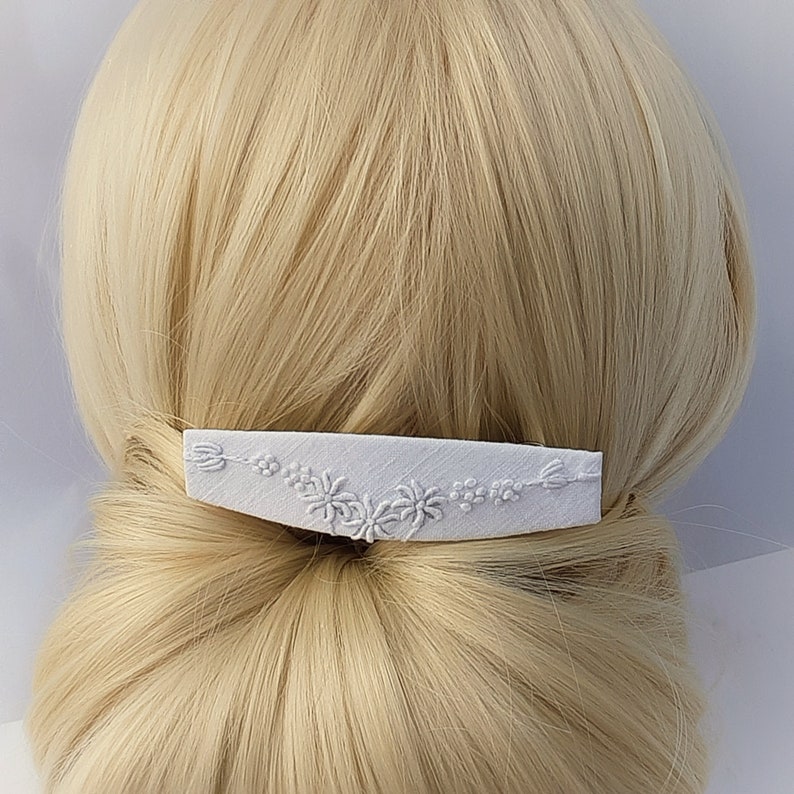 White embroidered hair clip. White barrette with white floral embroidery. Accessory with subtle texture for winter or summer, or a wedding. image 1