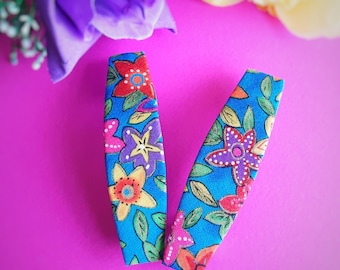 Floral Hair Clip Barrette: Turquoise Cotton Fabric, Bright Holiday Colors