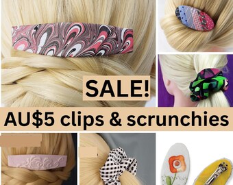 Unique hair clips and scrunchies. One of a kind handmade barrettes.
