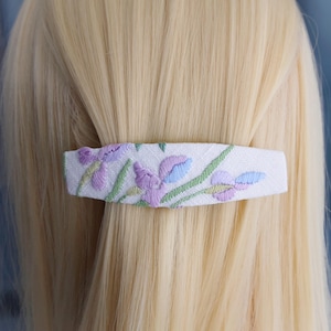Embroidered Floral Barrette: Upcycled Linen Iris Hair Clip in purple and blue.