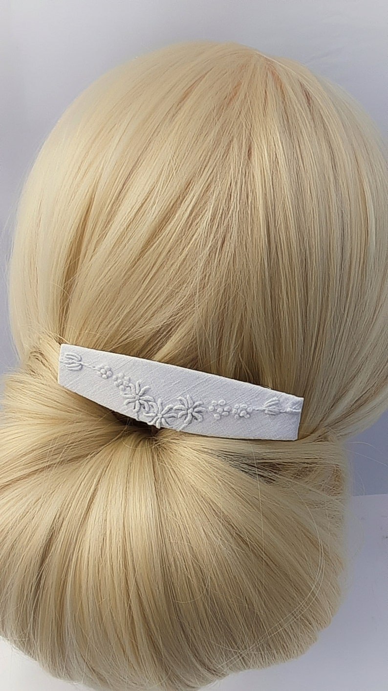 White embroidered hair clip. White barrette with white floral embroidery. Accessory with subtle texture for winter or summer, or a wedding. image 7