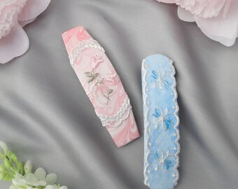 Pastel lace hair clips. Delicate barrette in white and pink or blue lace over pink or blue hand painted satin.  Dainty feminine accessory.