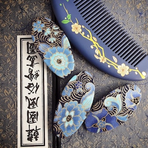Japanese Floral Hair Clip: Vintage Cotton snap clips, Blue & Gold