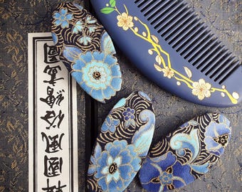 Pince à cheveux florale japonaise : clips en coton vintage, bleu et or