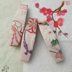 Japanese silk hair clip in pink and white with gold highlights.  Unique barrette for an elegant look at cocktail parties or the theatre.