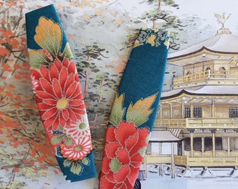 Japanese floral barrette : turquoise and red cotton hair clip.