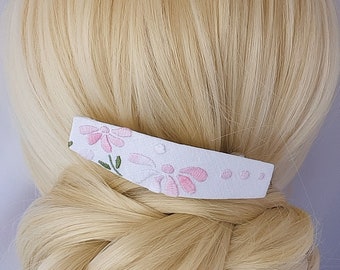 Embroidered Floral Barrette: Pink Flowers, Vintage Cotton Hair Clip
