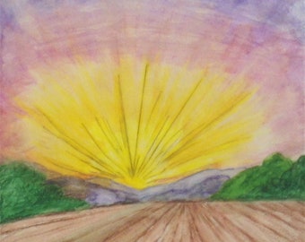 Landscape Country Field Sunrise Trees Mountains Multi-Color Printable Digital Download PDF Art Print Drawing Illustration Decoration Display