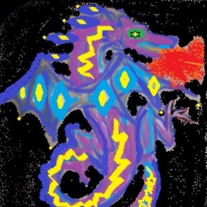 May include: A purple, blue, and yellow dragon with a red mouth and yellow lightning bolt patterns. The dragon is set against a black background with small white stars.
