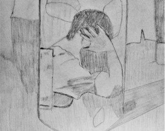 Abstract Drawing Lonely Alcoholic Trapped Isolated Inside A Drink Liquor Alcohol Bottle Portrait Printable Digital Download PDF Art Print