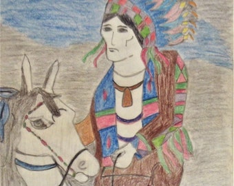 Portrait Multi-Color Decorated Indian Chief Riding Horse Horseback Printable Digital Download PDF Art Artwork Print Decoration Display