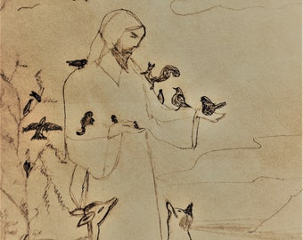 Jesus Surrounded By Flock Of Many Different Animals Drawing Illustration  Printable Digital Download PDF Art Print Christian Collectible