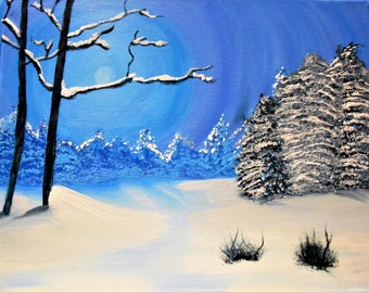 Fresh Clean Winter Night Snow Glowing Bright Full-Moon Snowy Trees Landscape Horizontal Printable Digital Download Art Decoration Print
