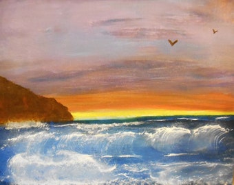 Seagulls Birds Flying Over Ocean At Sunset Seascape Beach Waves Water Sea-Life Sea Printable Digital Download Decoration Print Nature Art