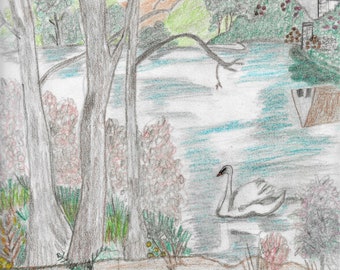 Swan Swimming In Pond Pool With House And Bird Reflection In Water With Trees Plants Flowers Clouds Printable Digital Download PDF Art Print