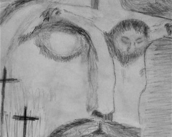 Jesus Christ Crucifixion Hanging On A Cross Mix Abstract Black & White Drawing Print Printable Digital Download PDF Christian Art Artwork
