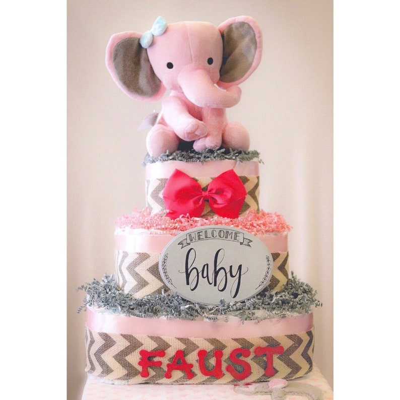 pink and gray diaper cake