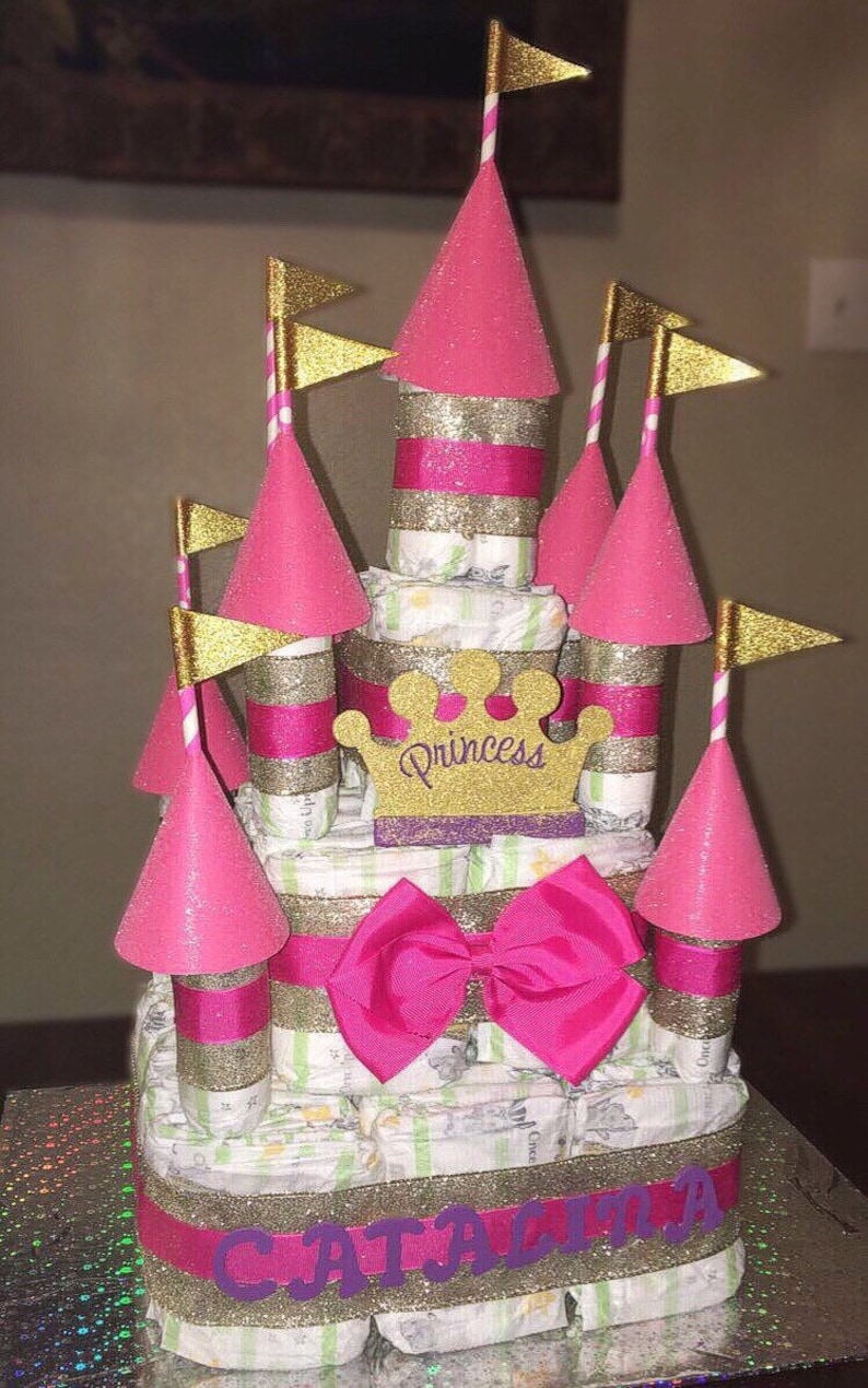 Princess Castle Diaper Cake; Pink and Gold Diaper Cake