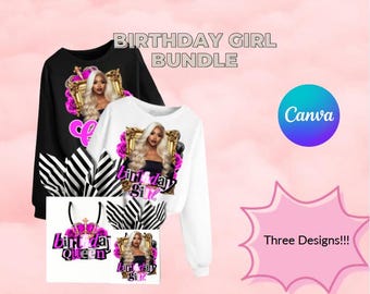 May include: A birthday-themed bundle featuring a black and white long-sleeve shirt, a white long-sleeve shirt, and a gift bag. The shirts and bag display a portrait of a woman with blonde hair, a gold frame, and the text "Birthday Girl". The gift bag has black and white striped tissue paper.
