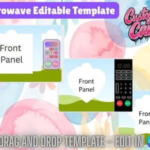 May include: A digital template for a microwave design, featuring a front panel design with a control panel. The template includes the text "Microwave Editable Template" and "Easy Drag and Drop Template - Edit in Canva". The design is set against a watercolor background.