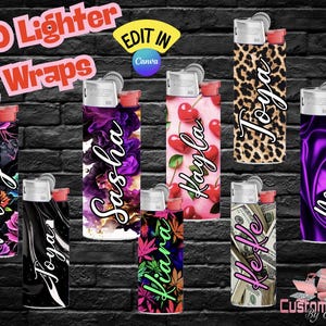 May include: A collection of personalized lighter wraps with various designs, including floral, animal print, and money patterns. Each lighter features a name in a cursive font. The image includes text that says "100 Lighter Wraps" and "Edit in Canva".