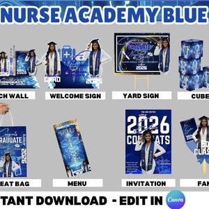 Peut inclure: Ensemble de fournitures de fête de remise de diplôme bleues, comprenant une arche, une pancarte de bienvenue, un panneau de jardin, des cubes, un sac à friandises, un menu, une invitation et un éventail. Chaque article présente un diplômé et le texte "Nurse Academy Blue" et "2026".
