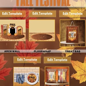 May include: A promotional image with the text "FALL FESTIVAL" at the top. The image showcases various fall-themed products, including an arch wall, floorwrap, treat bag, plate, and chips. Each product features autumn colors and designs.