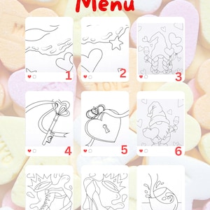 May include: A set of nine black and white line art images for a Sip and Paint event. The images are numbered 1 through 9 and include a variety of Valentine's Day themes, such as hearts, keys, locks, gnomes, and wine glasses.