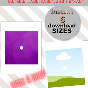 May include: Purple and white graduation cap topper template with a cloud and green hills design.  The template is available in six sizes: 9.8 inches by 9.8 inches, 9.5 inches by 9.5 inches, 9.25 inches by 9.25 inches, 8.5 inches by 8.5 inches, 7.85 inches by 7.85 inches, and 7.5 inches by 7.5 inches.  The text "instant 6 download SIZES" is displayed on the image.