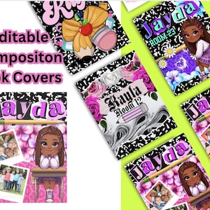 May include: A collection of editable composition book covers with various designs. The covers feature names like "Jayda" and "Kayla", along with illustrations of pencils, flowers, and cartoon characters. The text "Editable Composition Book Covers" is also visible.