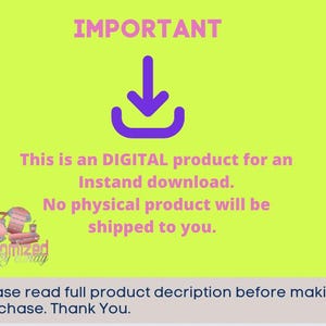Puede incluir: Anuncio de producto digital sobre un fondo verde lima con la palabra "IMPORTANTE" en rosa. Un icono de descarga p&uacute;rpura y texto que indica que es un producto digital para descarga instant&aacute;nea, sin env&iacute;o de producto f&iacute;sico. El logotipo del vendedor est&aacute; en la parte inferior izquierda.