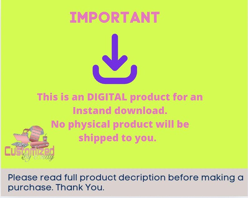 Puede incluir: Anuncio de producto digital sobre un fondo verde lima con la palabra "IMPORTANTE" en rosa. Un icono de descarga p&uacute;rpura y texto que indica que es un producto digital para descarga instant&aacute;nea, sin env&iacute;o de producto f&iacute;sico. El logotipo del vendedor est&aacute; en la parte inferior izquierda.
