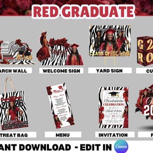 May include: A collection of graduation party supplies with a red and black theme. Items include an arch wall, welcome sign, yard sign, cubes, treat bag, menu, invitation, and fan. The text "RED GRADUATE" is at the top.