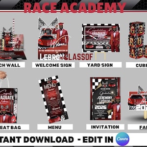 Könnte beinhalten: Eine Sammlung von Partyzubehör für die Abschlussfeier mit Rennsport-Thema. Artikel umfassen eine Bogenwand, ein Willkommensschild, ein Gartenschild, Würfel, eine Geschenktüte, eine Speisekarte, eine Einladung und einen Fächer. Die Designs zeigen einen roten Sportwagen und einen Absolventen in einem roten Anzug.