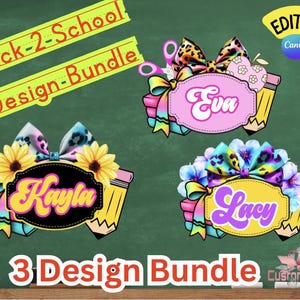 Könnte beinhalten: Ein digitales Design-Paket mit drei schulbezogenen Grafiken, die Schleifen, Bleistifte und Namensschilder mit den Namen Eva, Kayla und Lacy zeigen. Der Text Back-2-School Design-Bundle und 3 Design Bundle ist in Rot und Weiß gehalten.