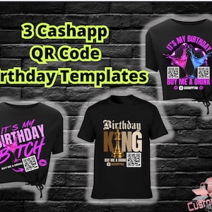 Op de afbeelding: Zwarte T-shirts met verjaardagsontwerpen. Eén zegt "It's My Birthday Bitch" met een QR-code. Een andere zegt "Birthday King" met een gouden trofee en een QR-code. De derde zegt "It's My Birthday" met cocktailafbeeldingen en een QR-code.