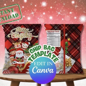May include: Christmas-themed chip bag template with a red plaid design. The front features Santa Claus and other characters with the words "Merry Christmas." The back displays a nutrition facts label. The template is editable in Canva.