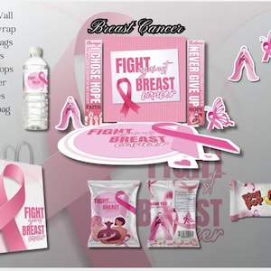 Può includere: Forniture per feste a tema rosa e bianco per un evento di sensibilizzazione sul cancro al seno. Le forniture includono sacchetti per leccornie, lecca-lecca ad anello, bottiglie d'acqua, sacchetti di patatine e decorazioni con il testo "Fight Against Breast Cancer".