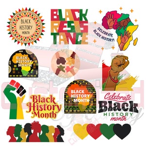 May include: A set of digital clipart images celebrating Black History Month. The images feature various designs including a raised fist, a heart with the colours of the Pan-African flag, and a silhouette of a group of people. The text "Black History Month" appears in several of the images.