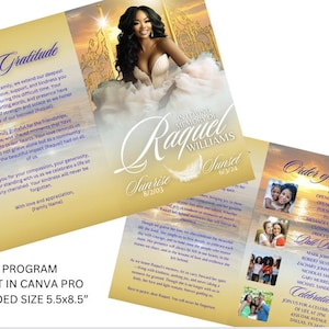 May include: A memorial program with a sunset background and a photo of a woman. The program is folded, with text including "With Gratitude" and "In Loving Memory of Raquel Williams." The folded size is 5.5x8.5 inches.