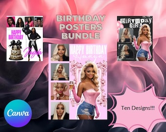 May include: A bundle of birthday posters with various designs. The posters feature images of women, cakes, and text that reads "Happy Birthday" and names. The color scheme is primarily pink and black.