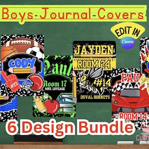 May include: A collection of six journal cover designs for boys, featuring sports themes like football and basketball, along with personalized name and room details. The covers are set against a black and white background with the text "Boys-Journal-Covers" at the top.