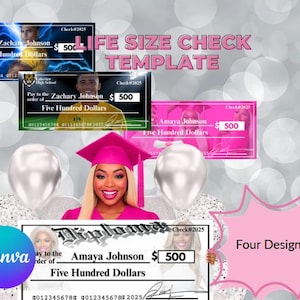 May include: A collage of four life-size check templates. The checks feature the names Zachary Johnson and Amaya Johnson, with the amount of $500. The checks are in various colors, including blue, green, and pink. The text "LIFE SIZE CHECK TEMPLATE" is displayed.