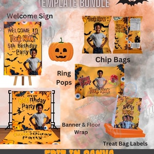 May include: A Halloween birthday party template bundle with editable designs for a welcome sign, chip bags, ring pops, a banner and floor wrap, and treat bag labels. The designs feature a spooky orange and black colour scheme with bats, pumpkins, and spiderwebs.