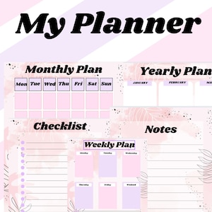 May include: A pink and white planner with sections for monthly, weekly, and yearly planning. It also includes a checklist and notes section. The planner has a floral design with a watercolor effect.