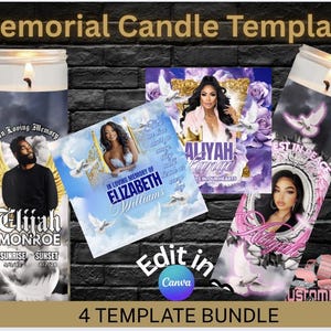 Könnte beinhalten: Ein Bundle von vier Gedenkkerzen-Vorlagen. Jede Vorlage zeigt ein Foto einer Person mit Text wie "In Loving Memory" und Namen. Die Vorlagen sind in verschiedenen Farbschemata gestaltet, darunter Lila, Rosa und Blau.