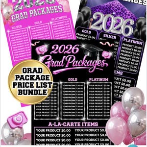 May include: A promotional graphic for 2026 graduation packages, featuring pink, silver, and black color schemes. The design includes text such as "Grad Packages," "Gold," "Silver," and "Platinum," along with a price list. Balloons and a graduation cap are also included. The graphic also includes the text "Instant Download - Edit in Canva."