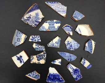 Scottish Sea Pottery Shards, 20 Blue and White China Pieces including Willow Pattern, Ideal for Tumbling, Collage, Mosaic, Jewellery