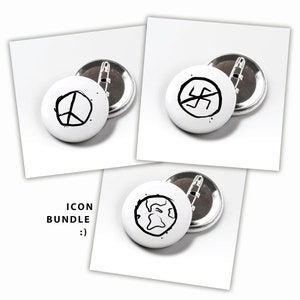 Könnte beinhalten: Eine Sammlung weißer Ansteckbuttons mit schwarzen Grafiken. Ein Button zeigt ein Friedenssymbol, ein anderer ein durchgestrichenes Hakenkreuz und der dritte eine Weltkugel. Der Text "ICON BUNDLE :)" ist ebenfalls sichtbar.